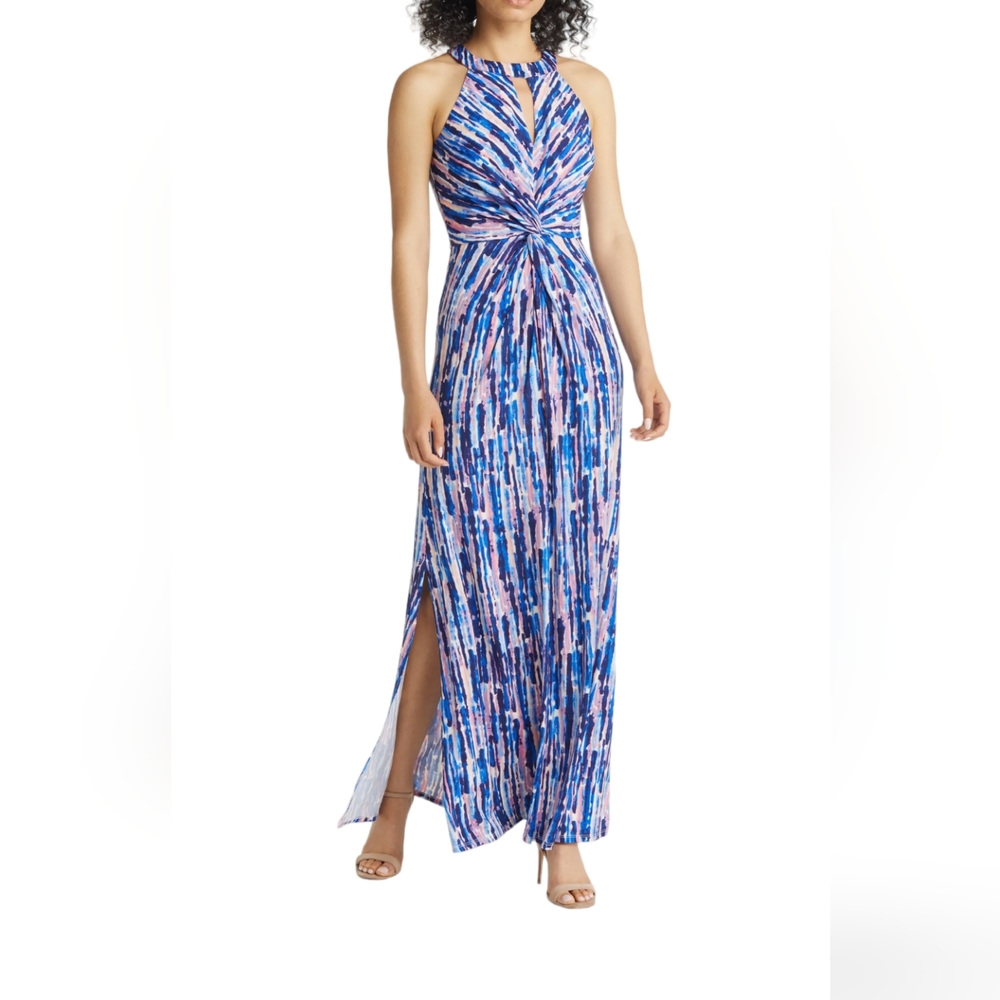 Eliza J Halter Twist Neck Blue Multicolor Maxi Dress Size 16